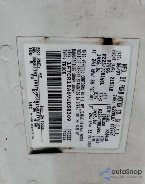 1997 Ford Ranger z USA, uszkodzony, nr VIN 1FTCR10A6VUD38309